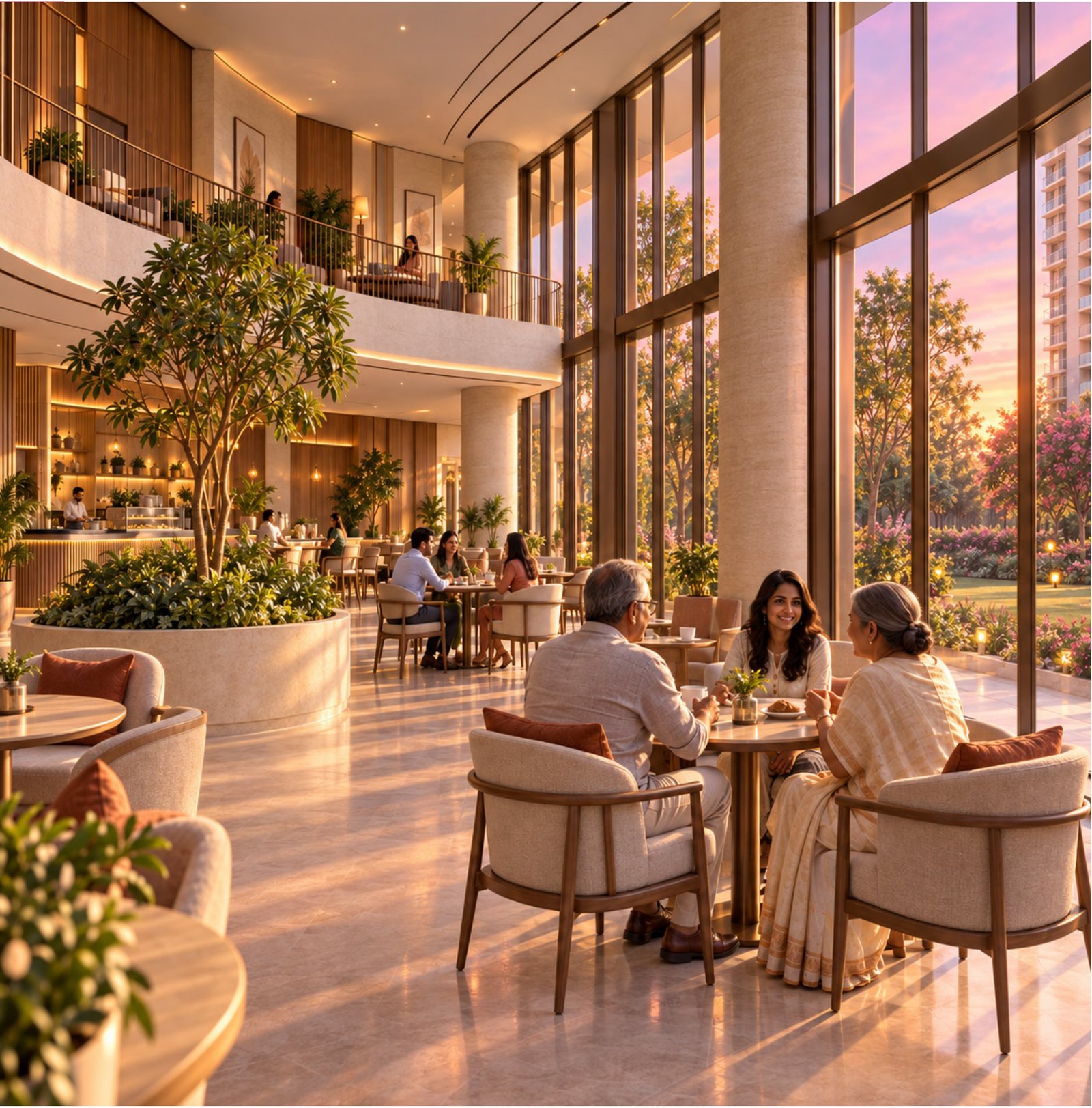 Residents meeting over coffee in the double-height caf&eacute;