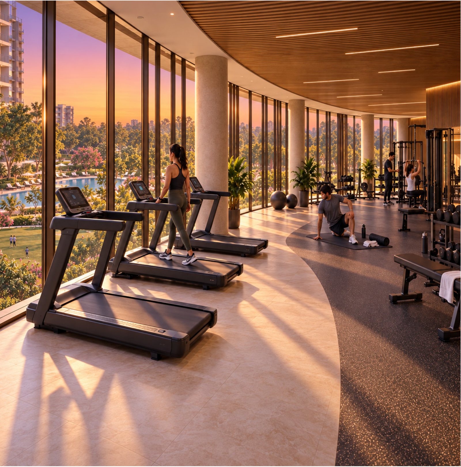 First-floor gym with floor-to-ceiling glazing at sunrise