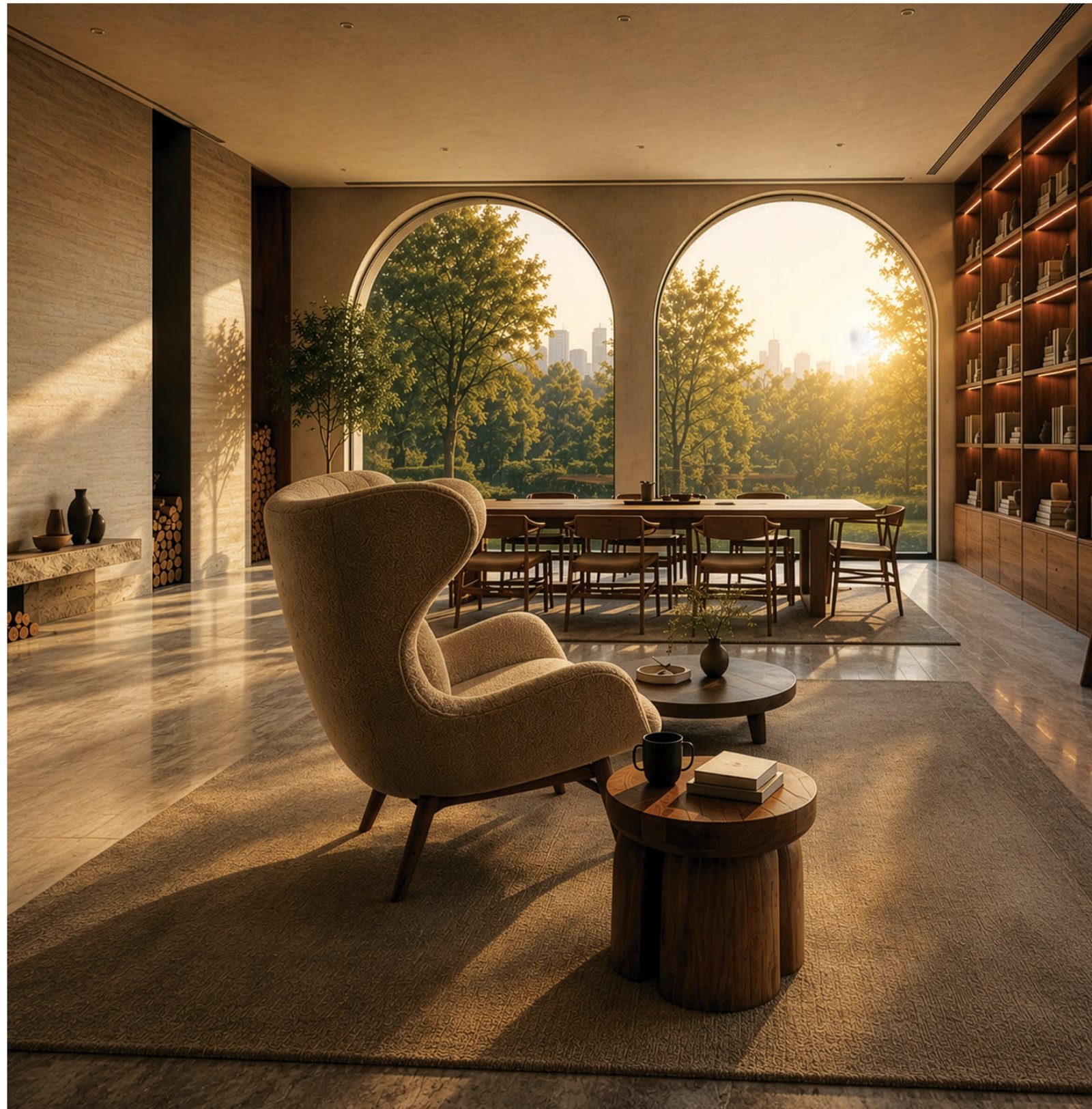 A quiet library lounge with arched windows
