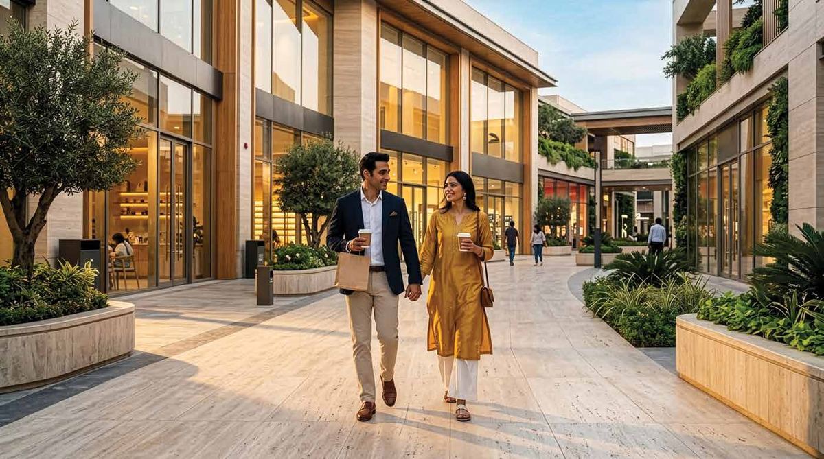 A couple walking through a nearby retail promenade