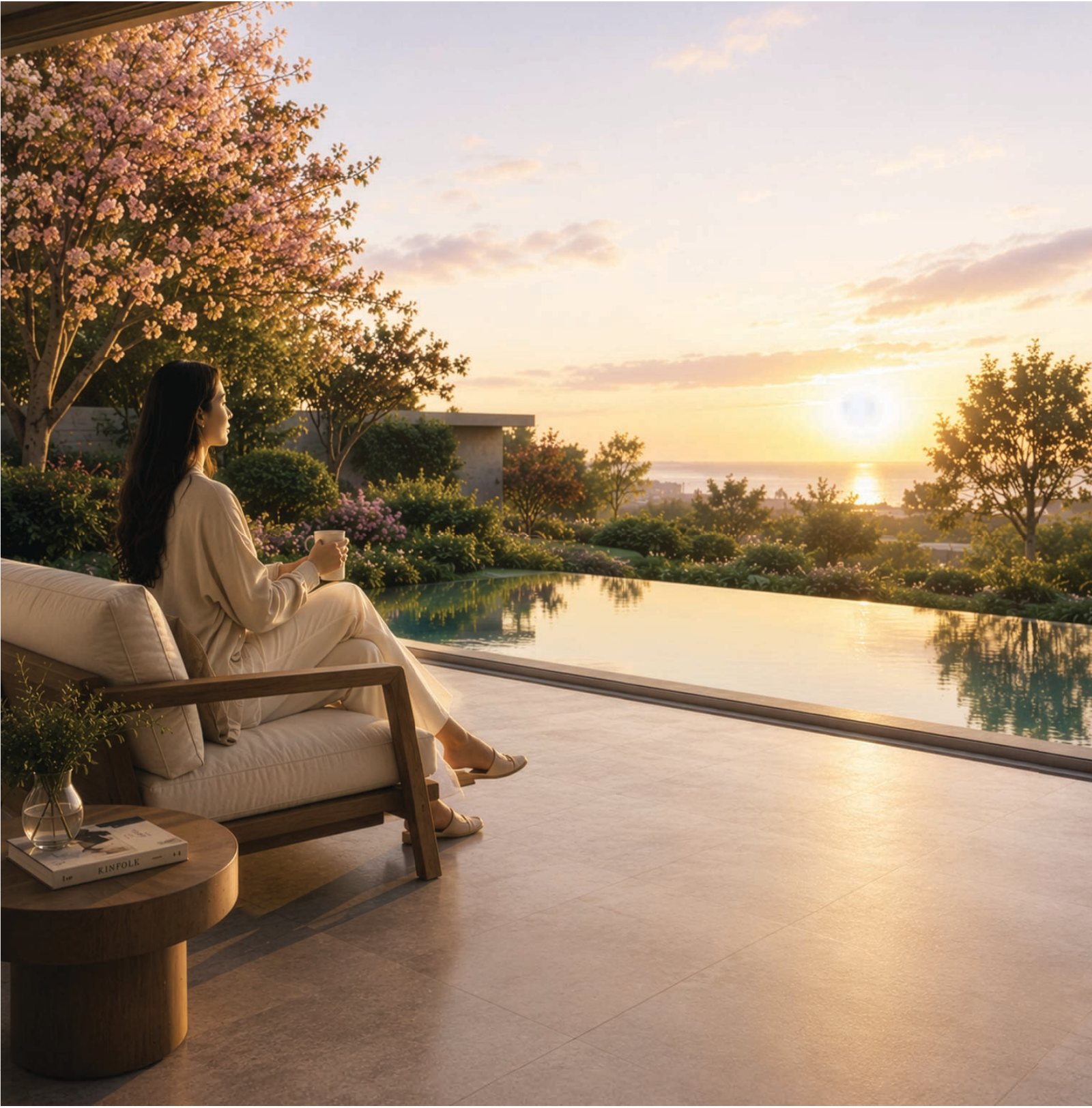 A resident unwinding beside the infinity-edge pool as the sun sets over the gardens