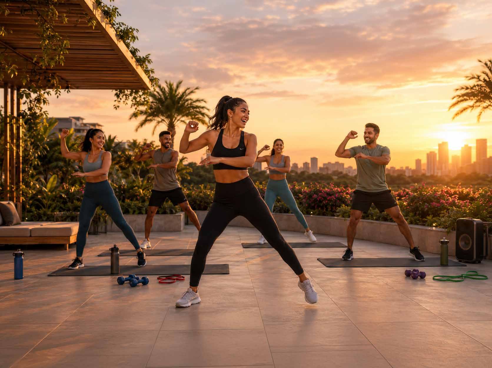 Open-air Zumba session at sunset