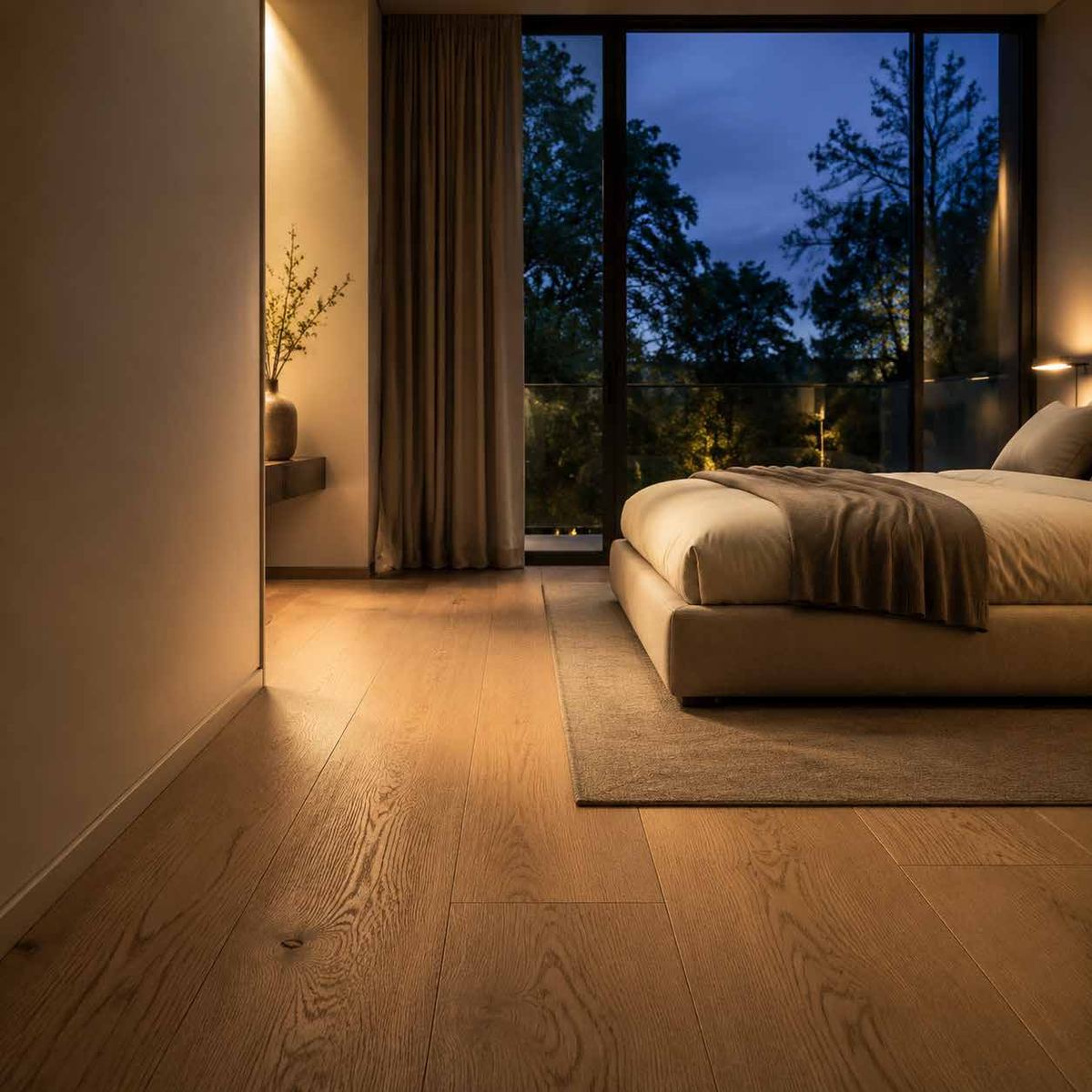 Bedroom interior finished in warm wooden flooring