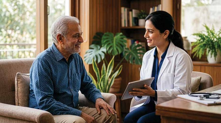 A senior resident consulting with a home-care physician