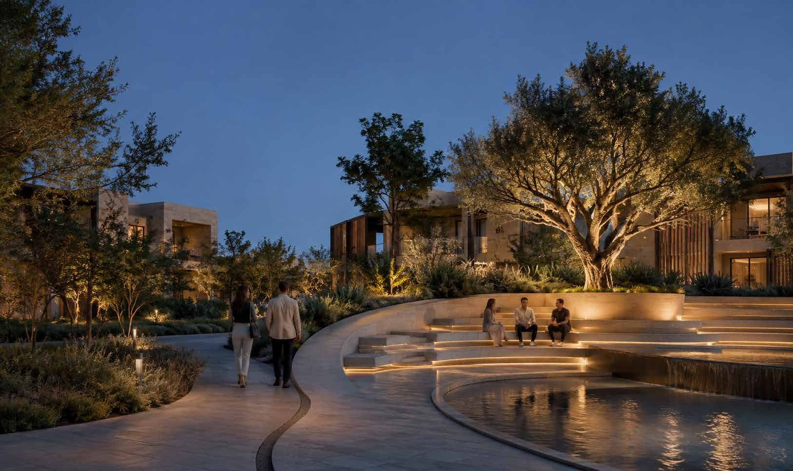 Three generations of a family relaxing together at dusk beside the community water feature