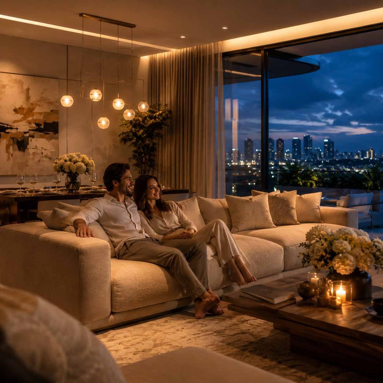 A couple relaxing in a warmly lit living room overlooking the night skyline