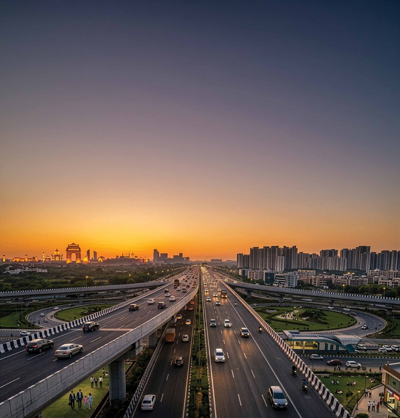 Aerial view of a Delhi NCR expressway at dusk with India Gate visible on the skyline