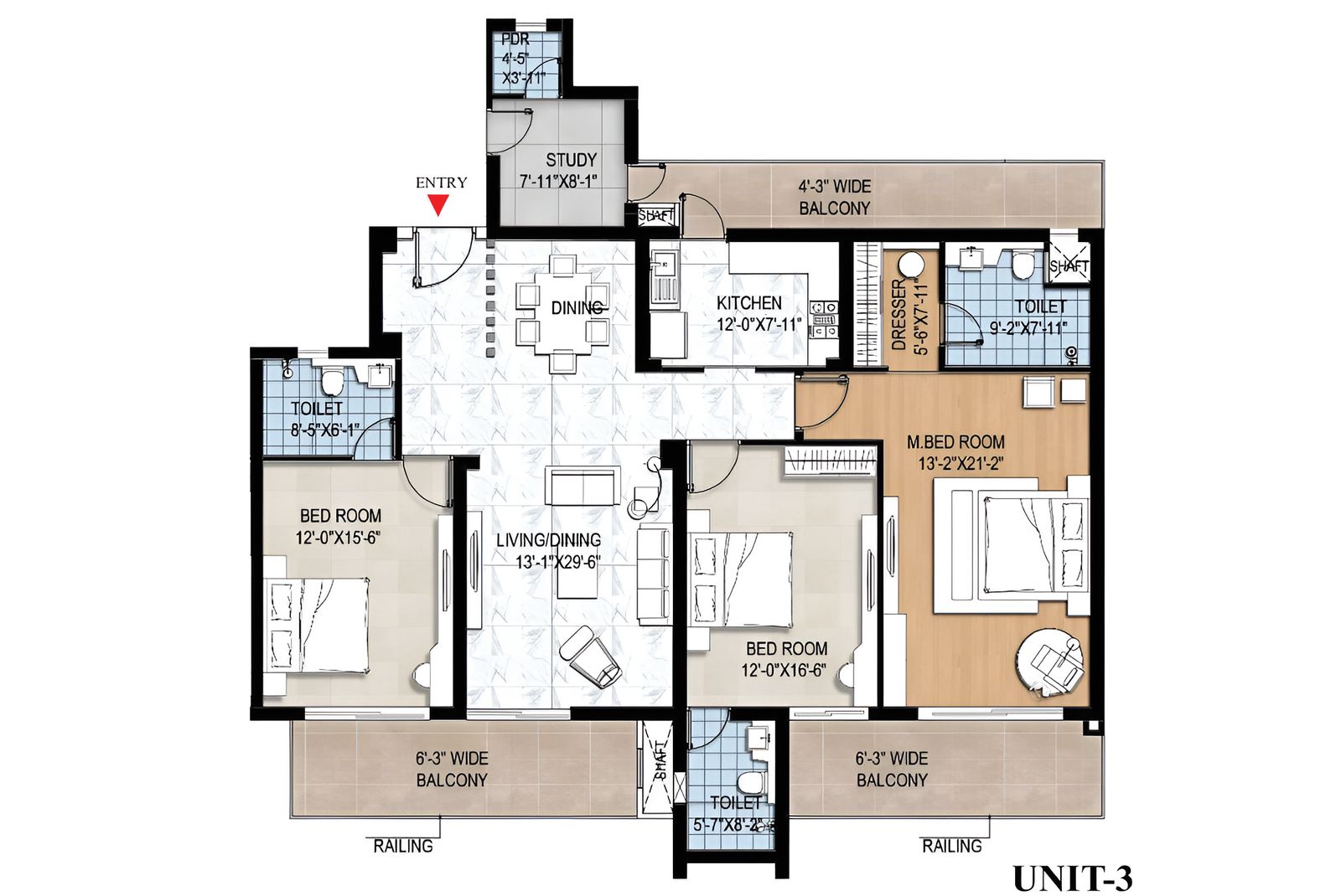 Floor plan for Unit 3, a 3 BHK plus study residence at Bootes Aliva