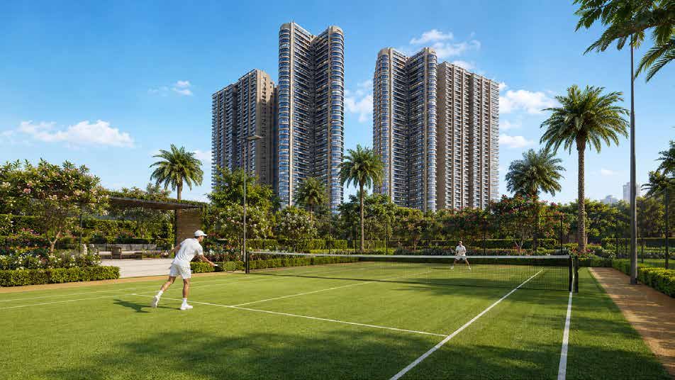 A resident jogging on the landscaped running track at sunset with the towers behind