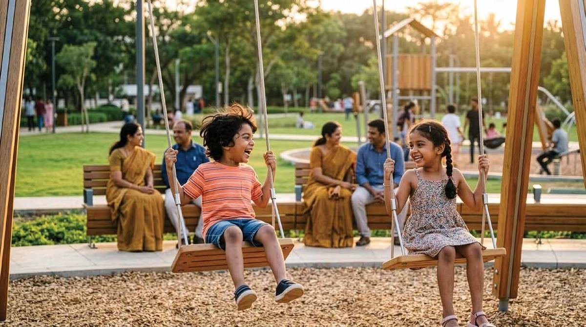 Children playing on garden swings with grandparents nearby