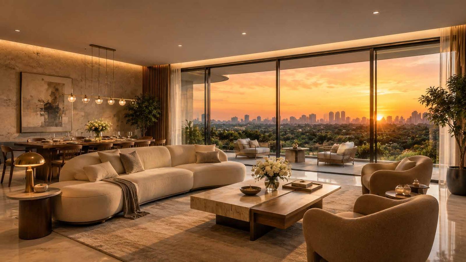 Living room interior with warm evening light and skyline view