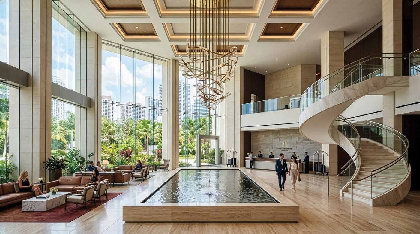 Grand double-height lobby entrance of Bootes Aliva with a reflecting water feature