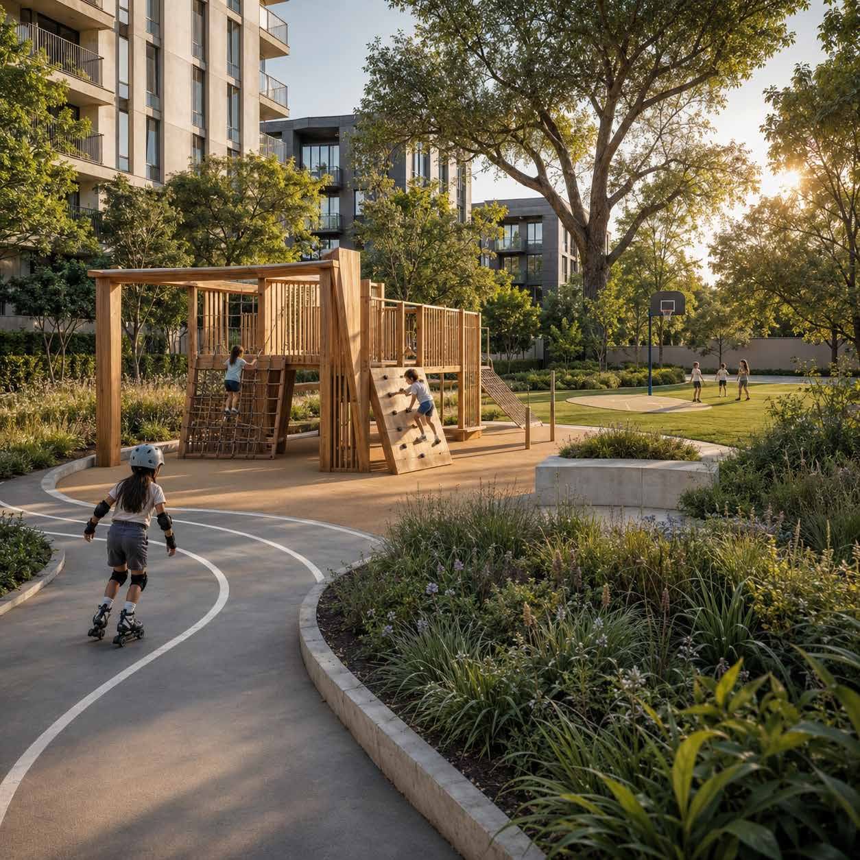 Children on rollerblades and a wooden adventure play structure in a landscaped garden