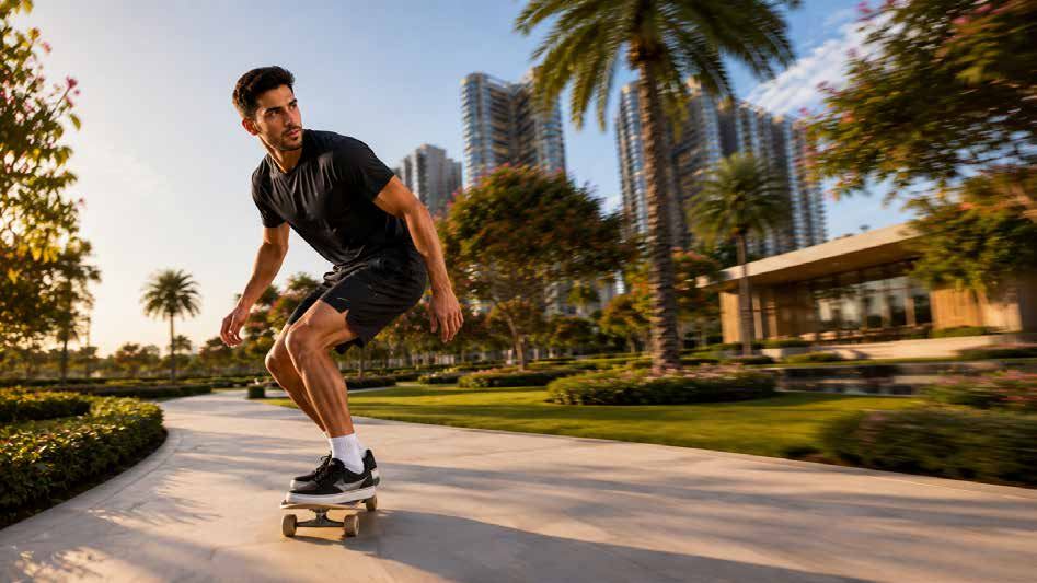A resident skateboarding along the landscaped paths