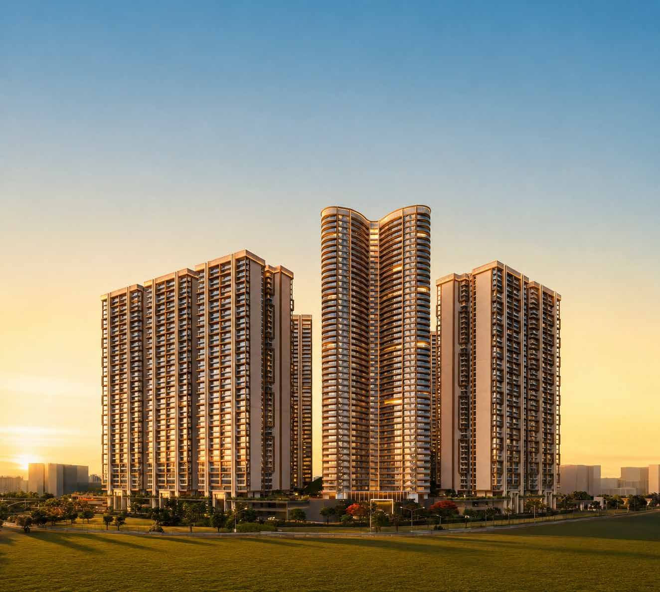Twin G+39 residential towers of Bootes Aliva at dusk